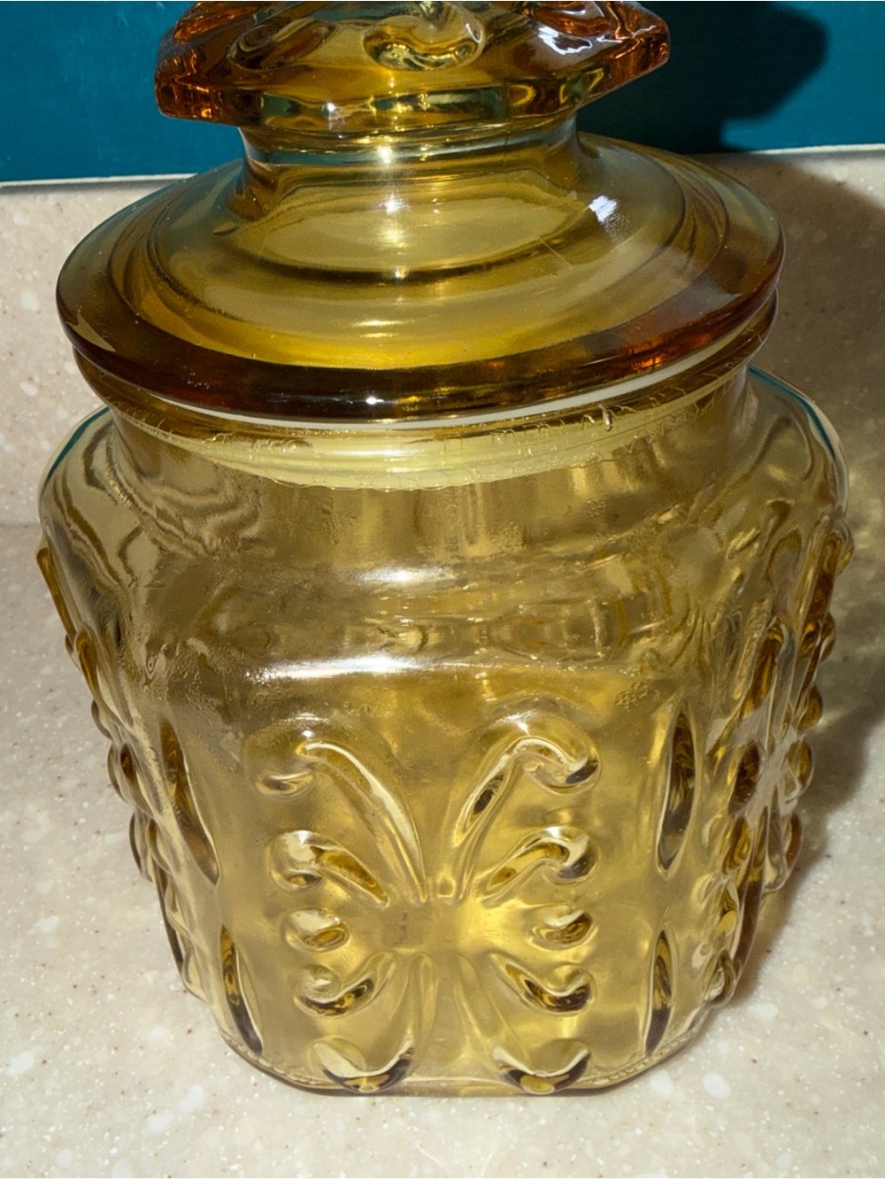 Vintage Federal Glass Small Show Off Jar Canister Amber 6 Inch